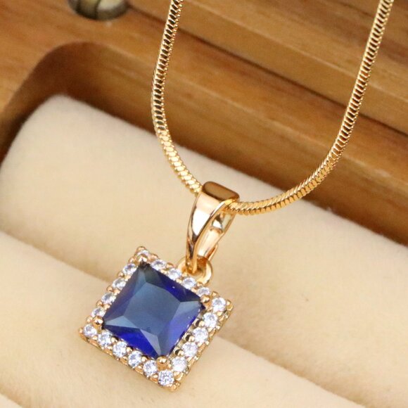 "Rose Gold Pendant with Blue Square Stone and CZ Border, XPPT1258 - Picture 1 of 13